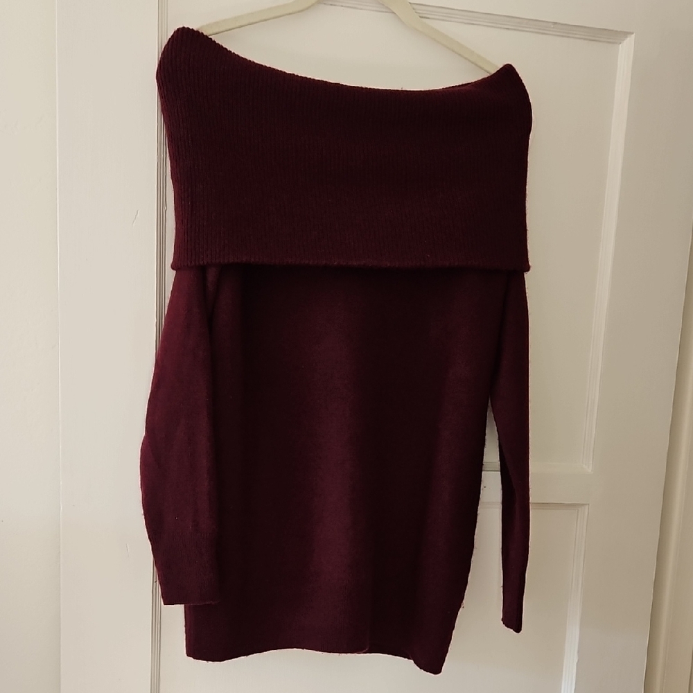 Aqua Off-the-Shoulder Burgundy Knit Sweater